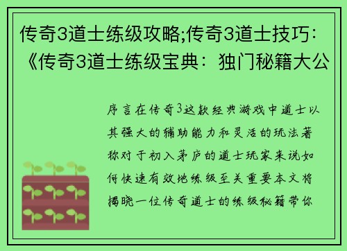 传奇3道士练级攻略;传奇3道士技巧：《传奇3道士练级宝典：独门秘籍大公开》